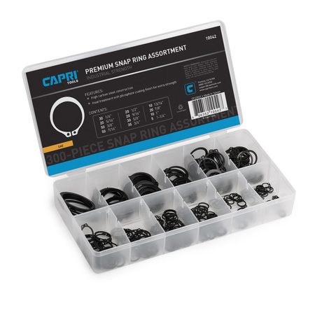 CAPRI TOOLS External Retaining Ring Assortment, Carbon Steel, Phosphate Finish, 300 Pieces, 12 Sizes CP10042